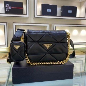 PRADA SYSTEM NAPPA LEATHER PATCHWORK BAG WITH PRAD_A ICONIC TRIANGLE DESIGN WITH OG BOX (3356-BLACK)